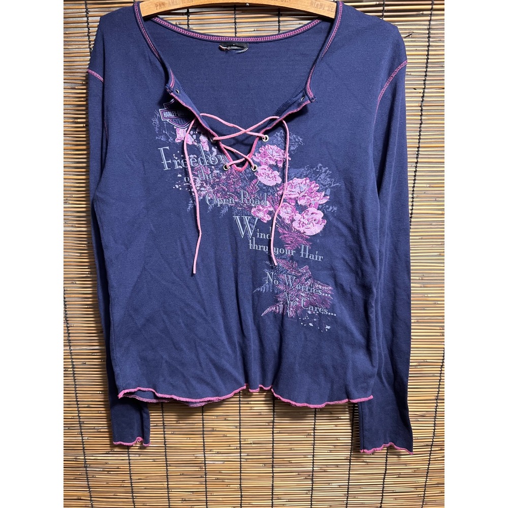 Harley-Davidson Large Long Sleeve Top Navy Blue Floral Lace Up Cotton Blend